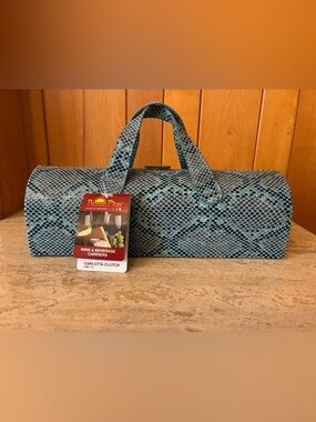 Carlotta Clutch Wine Carrier by Picnic Plus Suede Lining Blue Snake Print